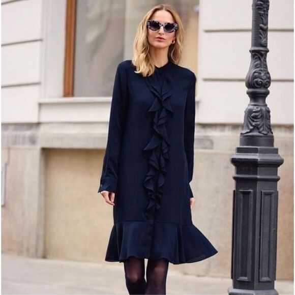 Tory Burch Navy Jane Ruffle Button Front Crepe Dress - Picture 4 of 10